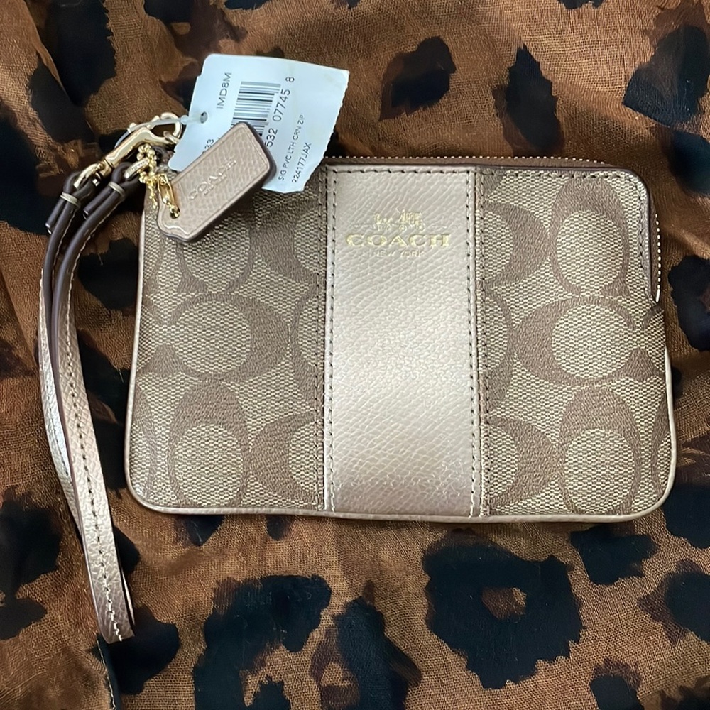 Coach Signature Brown and Metallic Wristlet NWT
